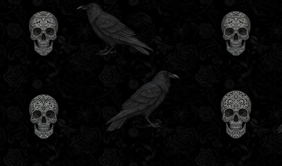 A vintage gothic-style Halloween seamless pattern featuring ravens, skulls, spider webs, and black roses, ideal for dark-themed designs.