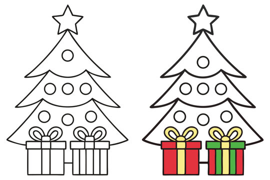 Christmas Tree Outline with Presents, Colorable Holiday Illustration, Star, Circular Decorations