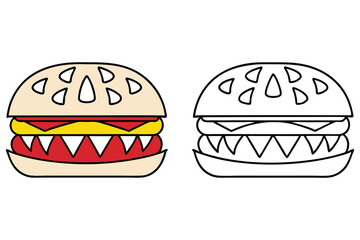 Line art hamburger with cheese and meat design graphics