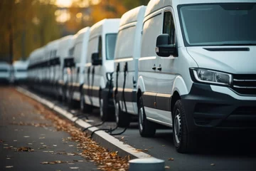 Electric Vehicles . Electric Car. Electric Vans Charging at Station. Eco-Friendly Transportation Concept with Copy Space. Row of Electric Delivery Vehicles Being Charged. Clean Energy Mobility.