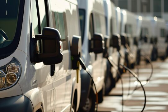 Electric Vehicles . Electric Car. Electric Vans Charging at Station. Eco-Friendly Transportation Concept with Copy Space. Row of Electric Delivery Vehicles Being Charged. Clean Energy Mobility. - Powered by Adobe