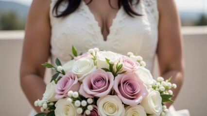Bride Holding Rose Bouquet: White, Pink Flowers, Wedding Dress, Bridal Beauty, Celebration, Love. 