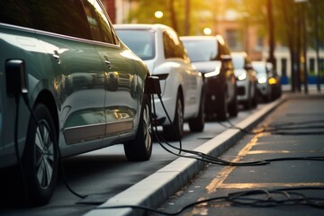 Naklejka premium Electric Vehicles . Electric Car. Electric Vans Charging at Station. Eco-Friendly Transportation Concept with Copy Space. Row of Electric Delivery Vehicles Being Charged. Clean Energy Mobility.