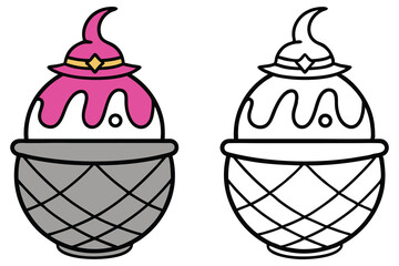 Cartoon dessert with pink witch hat icon on white background in color, and line art