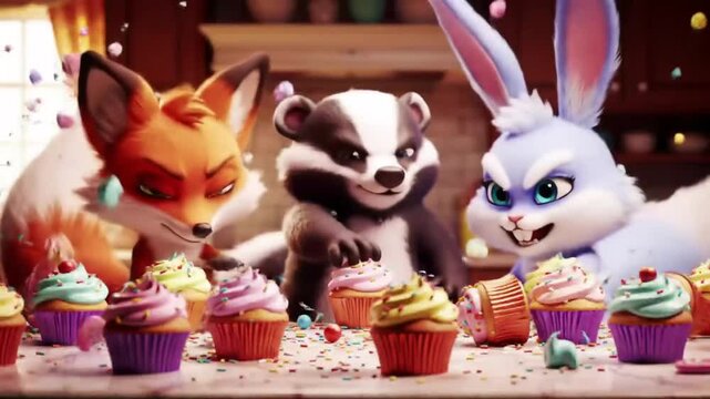 Animated Animals Arranging Cupcakes with Sprinkles Ready to Serve