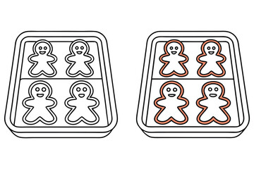 Gingerbread Man Cookie Line Art Illustration, Contour Drawing, In Tray, Colorable