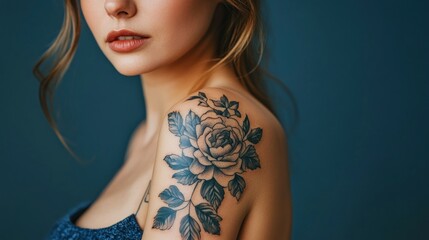 Close-up of woman's shoulder with rose tattoo