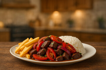 Delicious Peruvian lomo saltado dish accompanied with rice
