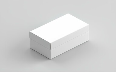 White horizontal rectangle blank box from top side far angle. Branding package of cardboard square. Cardbox with empty cover for advertising and marketing. Packaging destined for shipping