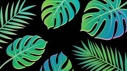 Naklejka premium Different neon tropical leaves on black background 