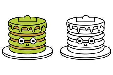 Cartoonish Pancake Stack with Dripping Syrup, Smiling Face, Outlined on White