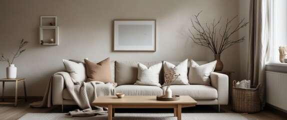 serene living room oasis with cozy couch, pillows, and elegant vase