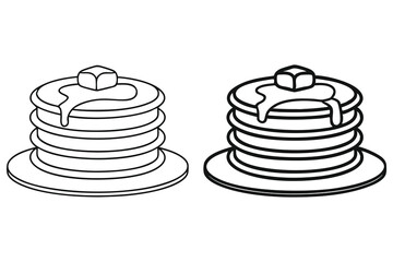 Pancakes stacked with butter and maple syrup on a white background, linear art style