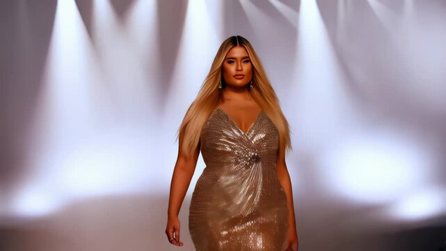 Blonde model with voluminous hair confidently walking in fitted silver sequin dress under soft runway lighting, concept of bold glamour and inclusive high-fashion representation