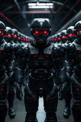 Front view of red-eyed robot soldier in futuristic armor. Sci-fi military technology.
