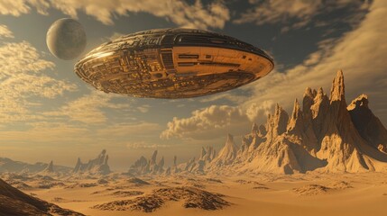 Extraterrestrial Exploration: Futuristic Spaceship Over Alien Desert Landscape