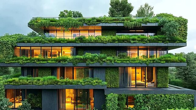 Green eco-building at dusk, lush foliage, sustainable design, architectural rendering