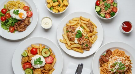 Several plates of various pasta dishes arranged on a white surface.