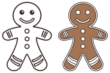 Two gingerbread men illustration, one is brown and one is line drawing
