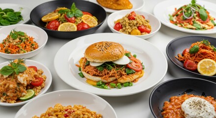 Assortment of various food dishes including pasta salad and a burger on plates.
