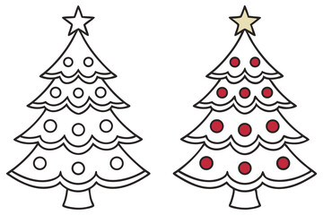 Two Christmas Trees with Star and Ornaments, Holiday with Outline Art