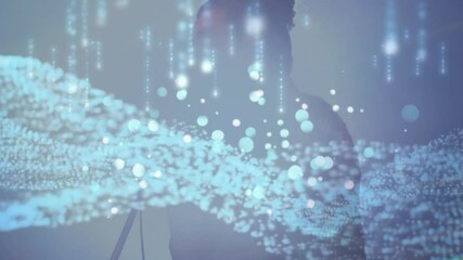 male silhouette standing in tech studio, exploring holographic wave, code streams, floating orbs - Powered by Adobe