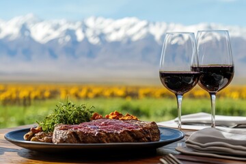Steak and Malbec wine on outdoor table with mountain view