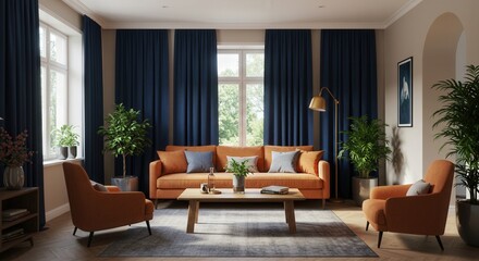 Warm Living Room with Orange Sofa Blue Curtains and Natural Light