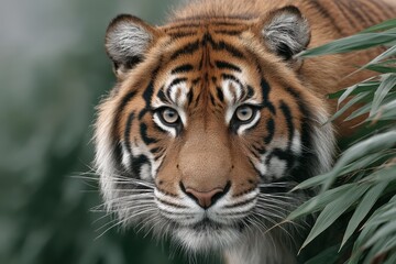 Fototapeta premium Tiger observes surroundings while hidden among lush green vegetation in a serene habitat