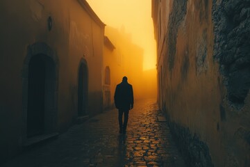 Fototapeta premium Man walking alone in foggy village alley with yellow light