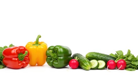 Assorted fresh vegetables including peppers cucumbers radishes and herbs on white background.