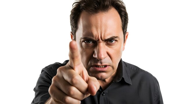 A man with an angry expression points a finger directly at the camera in a stern gesture.