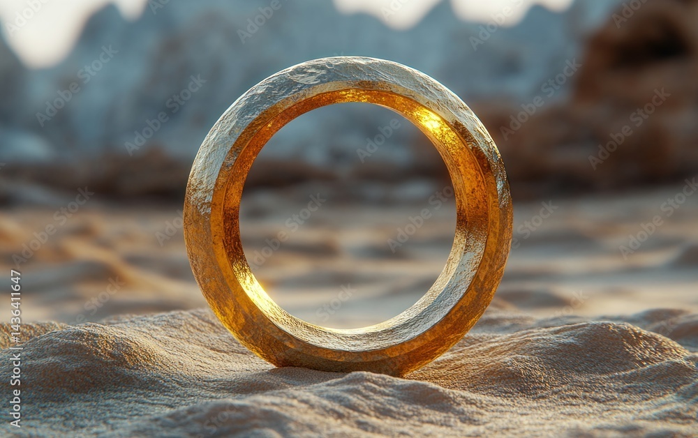 Poster golden circular object resting on sandy terrain.