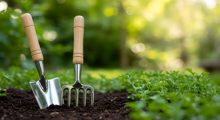 Garden Trowel and Hand Rake in Rich Soil with Seedlings – Eco-Friendly Gardening Tools Concept