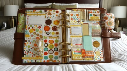 Stylish Brown Leather Planner with Colorful Stickers and Inserts