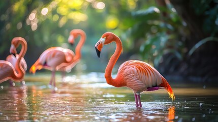 Fototapeta premium A group of pink flamingos wading in shallow water
