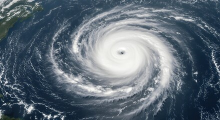 A breathtaking aerial view showcases a powerful hurricane over the ocean with swirling clouds.