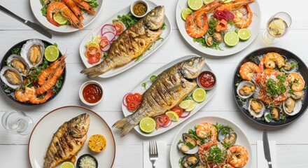 Various seafood dishes including grilled fish and shrimp served on plates.