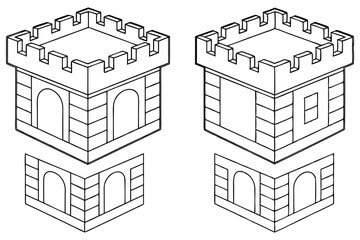 Outline Drawing of Two Isometric Castle Towers with Arched Openings and Windows