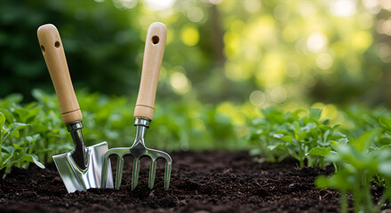 Garden Trowel and Hand Rake in Rich Soil with Seedlings – Eco-Friendly Gardening Tools Concept