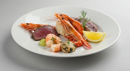 Plate with cooked seafood including shrimp tuna and lemon on a white background.