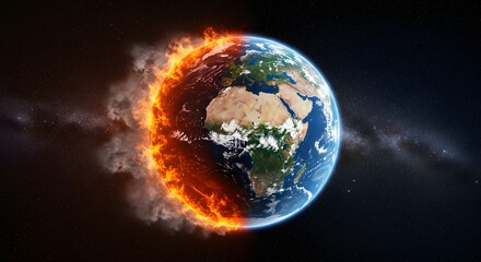 Obraz premium Dramatic depiction of Earth, with one side engulfed in flames, highlighting climate change.