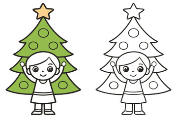 Cheerful Cartoon Child with Christmas Tree Colored and Outlined