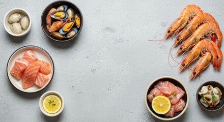 Seafood ingredients in bowls arranged on a gray surface with copy space.