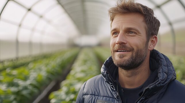 Entrepreneur digital tablet greenhouse Smiling man in greenhouse surrounded by lush plants.