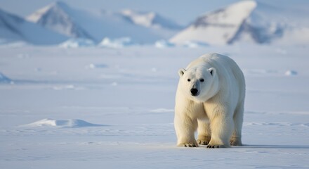 A stunning polar bear stands in a vast, snowy landscape, staring directly ahead with intensity.