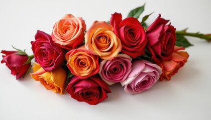 Fototapeta premium A stack of painted roses, each petal dipped in different vibrant hues, cascading downward against a minimalist background