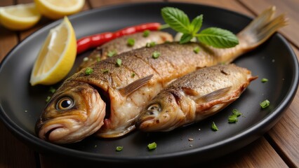 Grilled Whole Fish with Lemon and Herbs on Black Plate, Close-up Seafood Meal