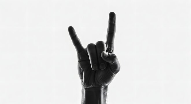 A black and white image captures a hand making the rock and roll horns gesture on a white background.