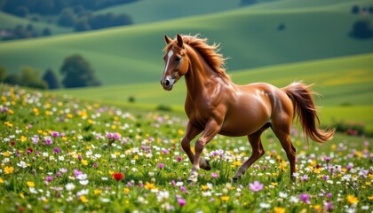 Obraz premium A horse galloping freely through a meadow bursting with colorful wildflowers and rolling green hills